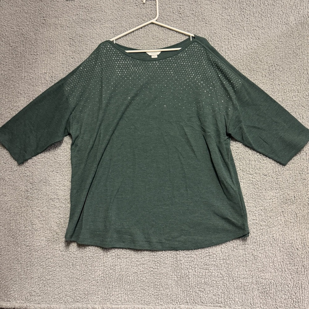 CJ Banks Women's 3X Plus Dark Green Sparkle Rhinestone Knit Tunic Top NWT